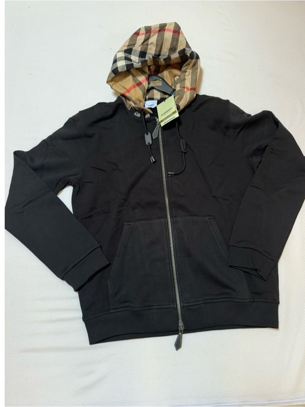 Burberry Black Zip-Up Hoodie with Beige Check Hood